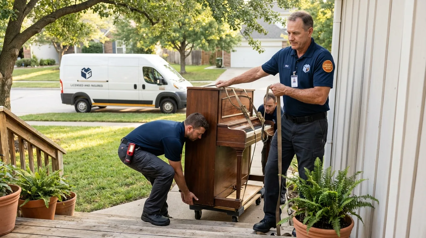 Licensed piano movers securing grand piano in Minneota, MN
